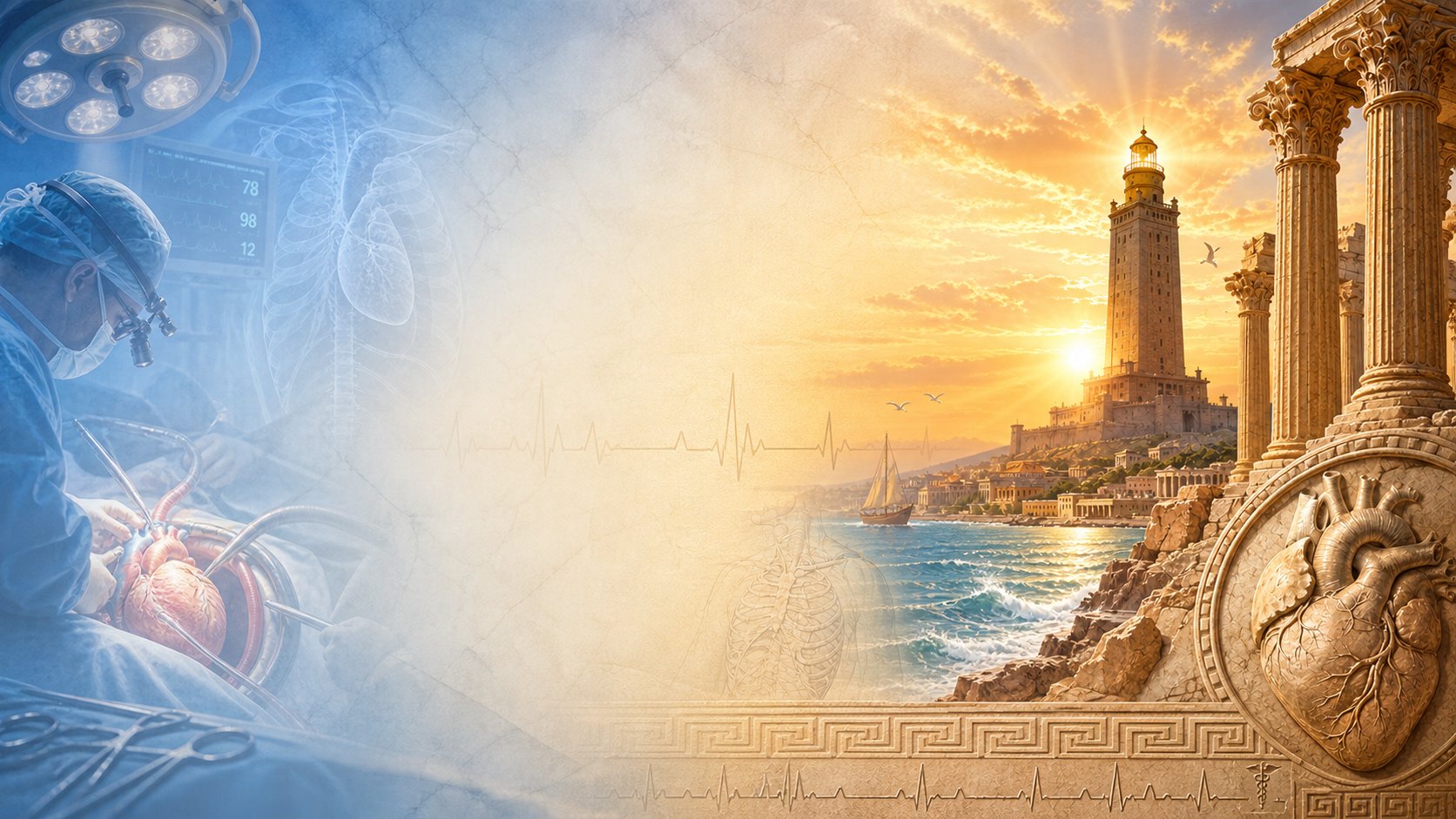 ESCTS 2026 — cardiothoracic surgery meets the Alexandria seafront: a surgeon operating on the heart, the Pharos lighthouse and classical columns at sunset
